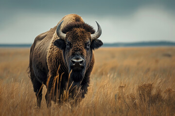 A buffalo is walking through a field of tall grass