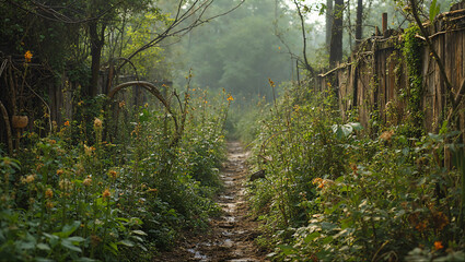 Fototapeta premium Path Through Overgrown Garden: Nature and Wilderness
