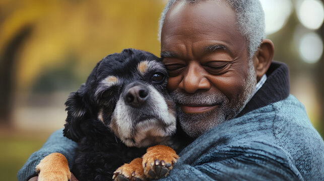 Senior black man cuddling his dog in the park, ai generated