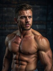 Fototapeta premium Handsome male model posing confidently in a studio, showcasing muscular physique and strong features in a striking composition.