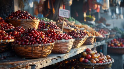 Vibrant Farmer's Market Delights Overflowing Baskets of Fresh Jujubes with Charming Handwritten Signs
