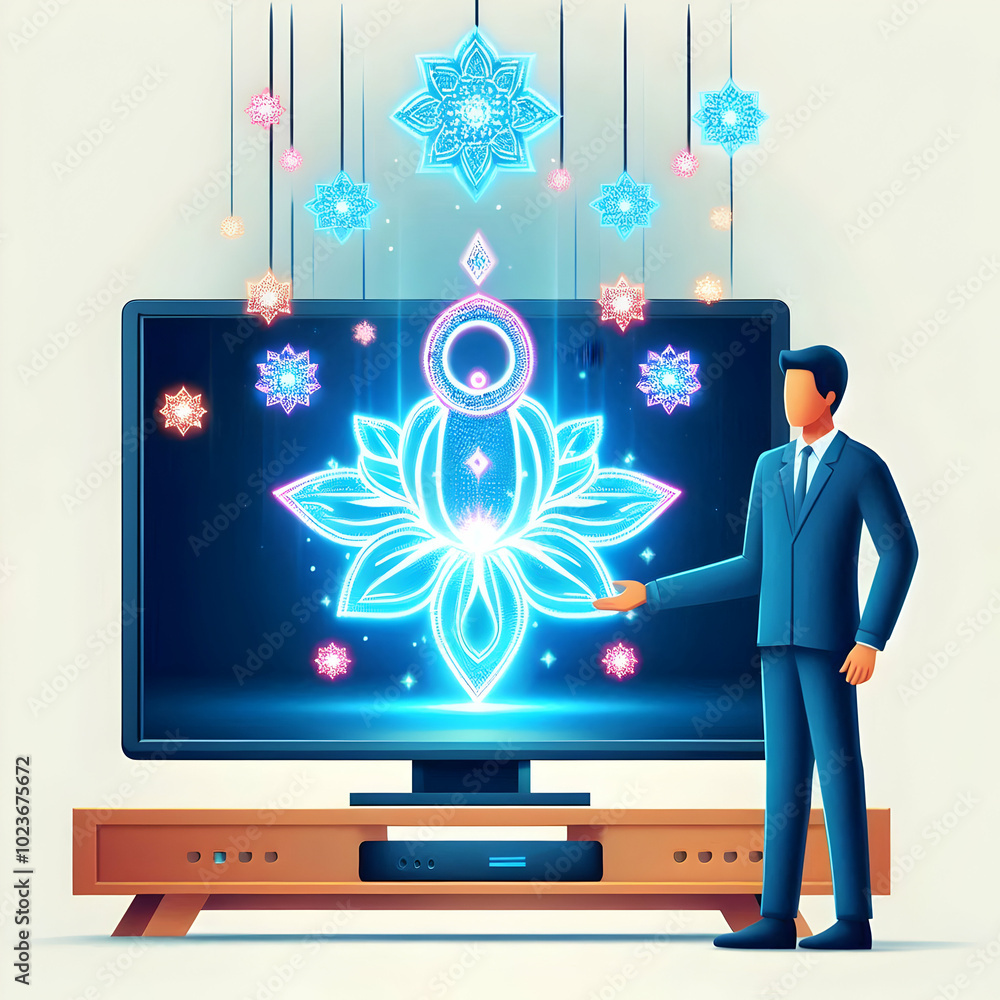 Aufkleber flat holographic bhai dooj rangoli with tv concept: glowing elements floating on white background - 