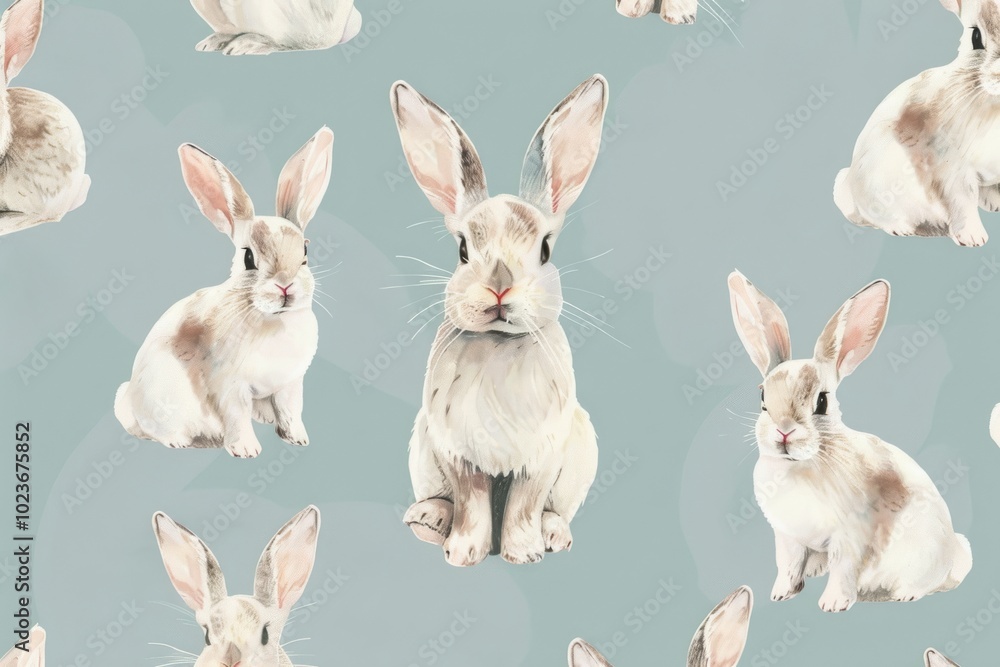 Poster a blue and white background with a pattern of rabbits. the rabbits are sitting and standing in vario