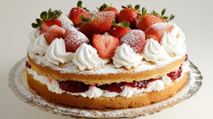 Fresh Strawberry Cake with Whipped Cream and Powdered Sugar