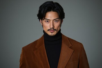 Obraz premium クールなステージの男性モデル、ブラウンのコートを着ている、スタイリッシュなポーズを取る