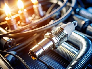Close-up of a shiny spark plug with wires attached, inserted into a car's engine block, with surrounding mechanical components blurred in the background.
