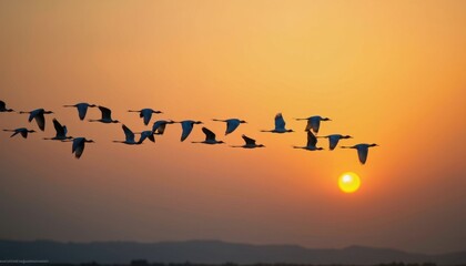 Fototapeta premium Captivating Flock of Birds in V-Formation: Majestic Avian Flight Patterns at Dusk Against a Tranquil Sky