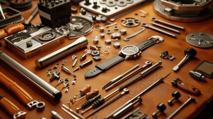 Fototapeta premium Mastercraft Exquisite Watchmaking Tools on Leather Workbench Precision and Luxury at Your Fingertips
