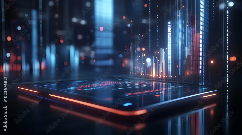 Aufkleber sleek 3d holographic tablet on modern desk with glowing data streams & ai graphs for growth insight 