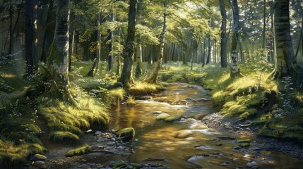 Fototapeta premium Enchanted Forest Sunlit Creek Serenity