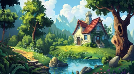 A whimsical fairy tale cottage nestled in a vibrant forest, featuring a tranquil stream and towering mountains under a bright blue sky.