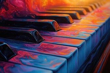 surreal flowing piano keys transforming into a vibrant abstract landscape swirling colors and dynamic shapes create a visual representation of music harmonious blend of realism and abstraction
