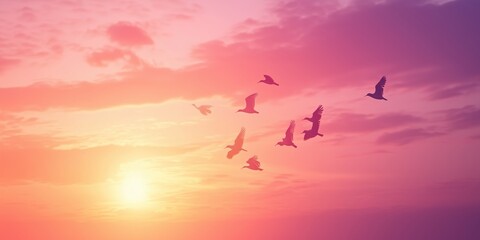 Obraz premium Captivating Flock of Birds in V-Formation: Majestic Avian Flight Patterns at Dusk Against a Tranquil Sky