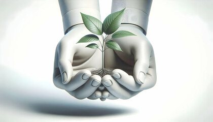3D Flying Hands Holding a Sapling - Symbolizing Growth and Nurturing in Environmental ESG Discussions, Isolated on Pure White Background