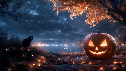 Naklejka premium Mystical Halloween Night , Black Cats and Jack-o'-Lanterns
