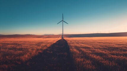Obraz premium Solitary Sentinel Majestic Wind Turbine Silhouette in Golden Sunrise Field