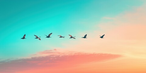 Fototapeta premium Captivating Flock of Birds in V-Formation: Majestic Avian Flight Patterns at Dusk Against a Tranquil Sky