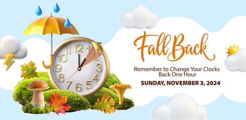 Fall Back 2024. Daylight Saving Time Ends info banner with clock instruction to turning clock back one hour at November 3 with text reminder - Set Your Clocks Back One Hour.