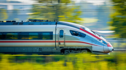 Fototapeta premium high-speed train racing through a green countryside with motion blur. The train is sleek and silver, with its body glinting in the sunlight. 