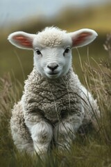 Fototapeta premium A baby lamb is sitting in the grass. The lamb is looking at the camera with its ears up