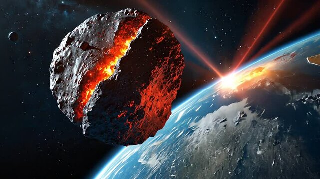 An asteroid is approaching dangerously close to Earth and could cause global destruction if it hits. Passage of an asteroid near Earth. Concept of global destruction by an asteroid impact