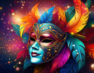 Beautiful carnival mask with feathers on colorful background. Vector illustration.