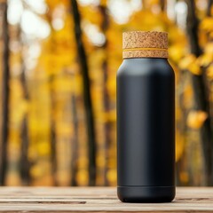 Matte-finished water bottle with natural cork accents, set against a vibrant outdoor background with trees