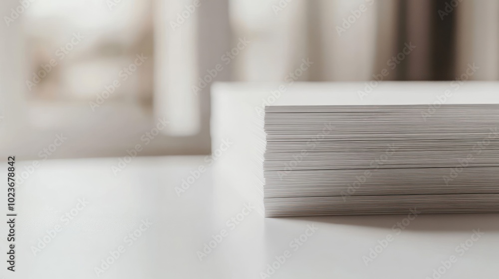Aufkleber a stack of blank paper on a table with soft natural light in the background.