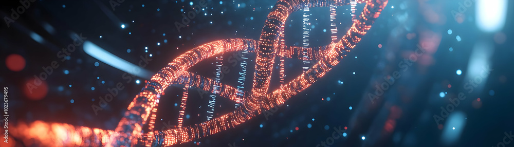 Poster futuristic dna helix frame with holographic base pairs spelling 'mastery' - sleek metallic structure