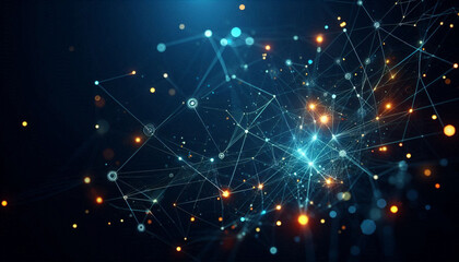  Glowing tech network with connected nodes on a blue background, ideal for banners and social media.