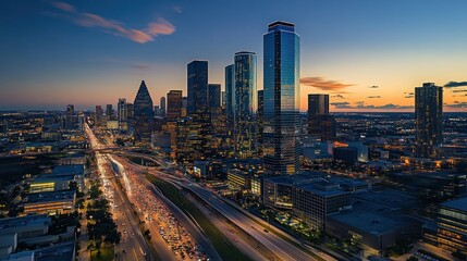 Aerial View of a City Skyline at Twilight with Traffic on a Highway