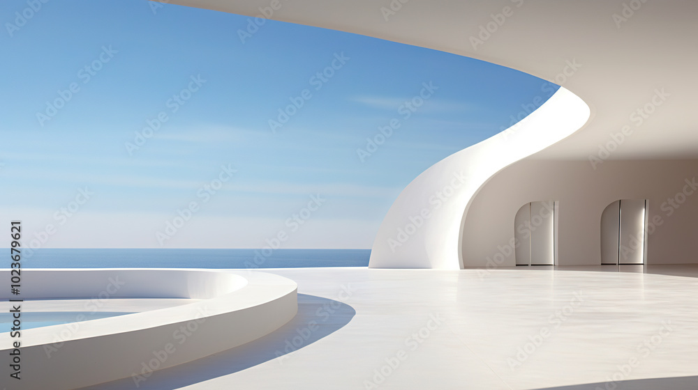 Poster Abstract architecture scene with smooth curves. Abstract background with futuristic building in white and blue colors.