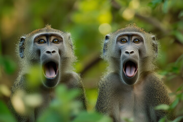 A pair of baboons with surprised expressions.