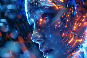 A woman's face is shown in a blue and orange color scheme