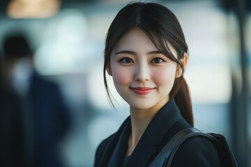 Obraz premium 駅で微笑む女性、朝の通勤時に見せる明るい表情と自信に満ちた姿