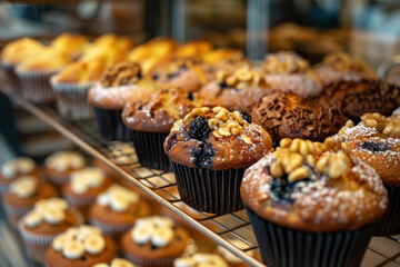 A display of muffins and cupcakes with nuts and fruit toppings