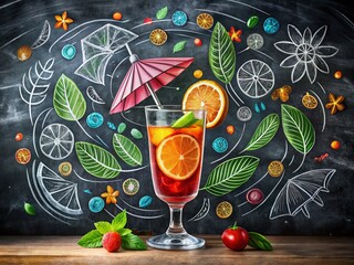 Colorful cocktail illustration drawn in chalk on a blackboard background, featuring a retro-style...