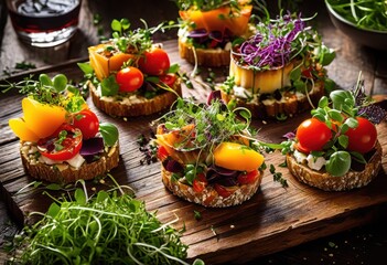 colorful array appetizers artfully laid out rustic wooden surface showcasing fresh ingredients inviting plating techniques, spread, vibrant, cuisine, platter