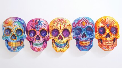Watercolor Dia de los Muertos sugar skulls with intricate designs.