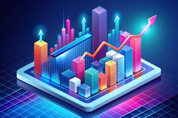 Colorful isometric illustration of growing sales graph, rising bars, and trending upwards arrows on a digital dashboard with minimalistic cityscape background and subtle shadows.
