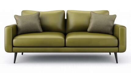 A polished olive leather sofa with two pillows in contrasting shades, spaced evenly on a transparent background, giving a sophisticated, earthy vibe.