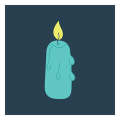 Beautiful melting blue candle with fire isolated on navy blue indigo background. Hand drawn vector flat colored illustration. Concept for Day of the dead, Dia de los Muertos, icon