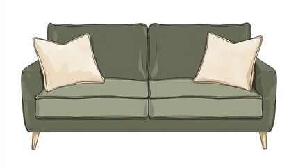 A sleek green sofa with two neutral-toned pillows resting separately on each side, set against a transparent background for a clean, minimalist look.