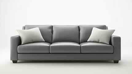 A stylish gray leather sofa with two pillows in lighter tones on either end, placed on a clean white background for a contemporary design aesthetic.