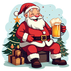 Merry Christmas Funny Santa Claus sitting on a box with a beer mug Christmas tree and gift box illustration isolated on a white background