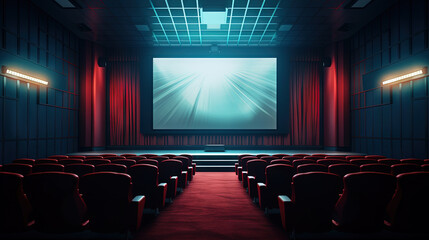 Cinema theater with movie scene on wide screen and empty chairs in the cinema hall