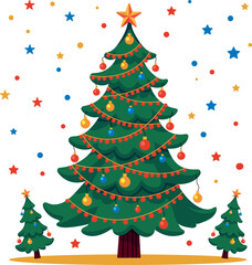 decorative Merry Christmas tree illustration with colorful bulbs and ornaments isolated on white background