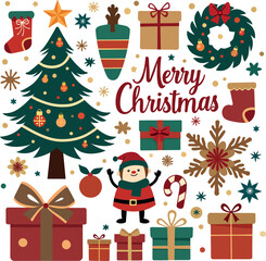 Merry Christmas element with Christmas tree gift box stocking wreath snowflake icon illustration isolated on white background
