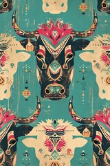 Obraz premium A colorful abstract pattern featuring bulls with tribal elements in teal and pink tones, perfect for modern decor and design projects.
