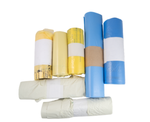some rolls of colored plastic bags for waste  sorting